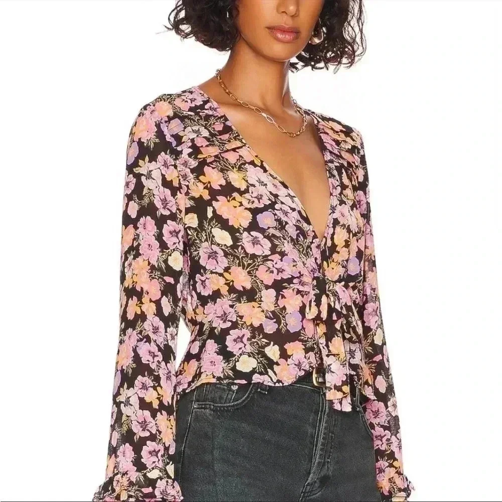NWT Free People Maybel Blouse Top Black Combo Sz S